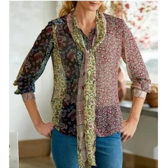 Soft Surroundings Langdon Paisley Print Tie Neck Blouse - Picture 1 of 6